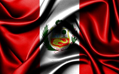 Peruvian flag, 4K, South American countries, fabric flags, Day of Peru, flag of Peru, wavy silk flags, Peru flag, South America, Peruvian national symbols, Peru