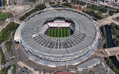 लंदन स्टेडियम, हवाई दृश्य, महारानी एलिजाबेथ ओलंपिक पार्क, ओलंपिक स्टेडियम, वेस्ट हैम यूनाइटेड एफसी स्टेडियम, प्रीमियर लीग, फुटबॉल क्रीडांगन, लंडन, इंगलैंड, वेस्ट हैम युनाइटेड