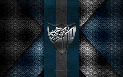 Malaga CF, Segunda Division, blue knitted texture, Malaga CF logo, Spanish football club, Malaga CF emblem, football, Malaga, Spain