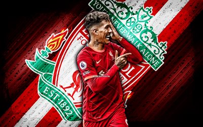 Roberto Firmino, 4k, red grunge background, Liverpool FC, soccer, diagonal lines, Premier League, brazilian football players, Roberto Firmino Liverpool, football, Roberto Firmino 4K