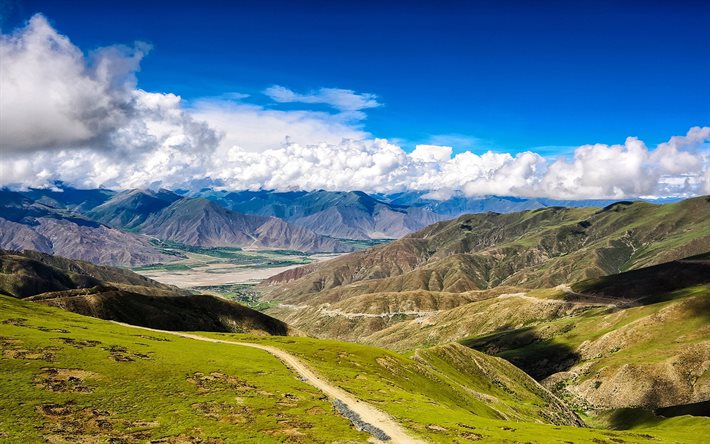 tiibet, laakso, kukkulat, vuoret, kesä, pilvet