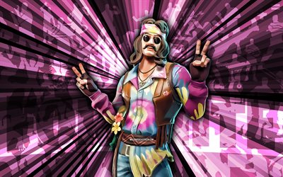 4k, Far Out Man Fortnite, pink rays background, Far Out Man Skin, abstract art, Fortnite Far Out Man Skin, Fortnite characters, Far Out Man, Fortnite, creative art