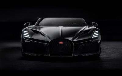 2024, bugatti w16 mistral, vista de frente, exterior, negro hypercar, negro bugatti w16 mistral, superdeportivos de lujo, bugatti