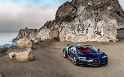 Bugatti Chiron, 2017 voitures, rocher, falaise, supercars, bleu Bugatti