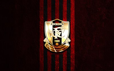 bucheon fc 1995 logotipo dourado, 4k, fundo de pedra vermelha, liga k 2, clube de futebol sul coreano, logo bucheon fc 1995, futebol, bucheon fc 1995 emblema, bucheon fc 1995, futebol americano, bucheon fc
