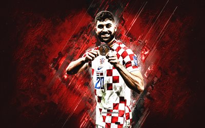 josko gvardiol, kroatiens fotbollslandslag, kroatisk fotbollsspelare, försvarare, röd sten bakgrund, kroatien, fotboll
