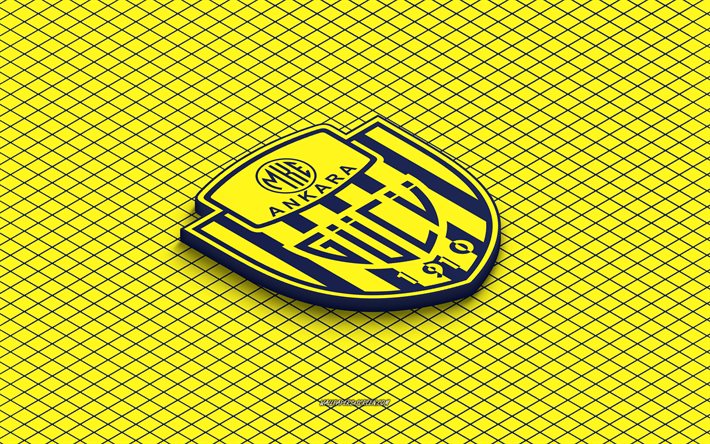 4k, logo isométrique d'ankaragucu, art 3d, club de football turc, art isométrique, ankaragucu, fond jaune, super ligue, turquie, football, emblème isométrique, logo d'ankaraguçu