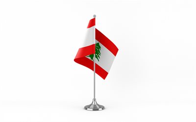 4k, bandiera da tavolo del libano, sfondo bianco, bandiera del libano, bandiera del libano sul bastone di metallo, simboli nazionali, libano