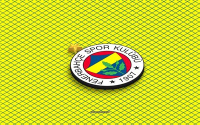 4k, logo isometrico del fenerbahçe, arte 3d, squadra di calcio turca, arte isometrica, fenerbahçe, sfondo giallo, superlig, tacchino, calcio, emblema isometrico, logo del fenerbahçe