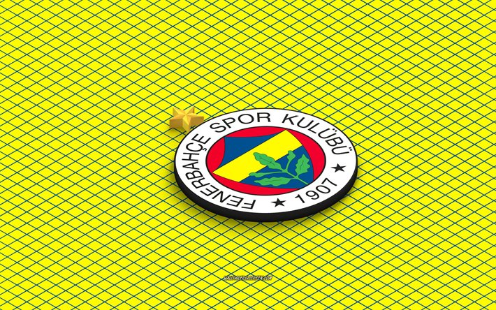 4k, fenerbahce isometrisk logotyp, 3d konst, turkisk fotbollsklubb, isometrisk konst, fenerbahce, gul bakgrund, super lig, kalkon, fotboll, isometriskt emblem, fenerbahce logotyp