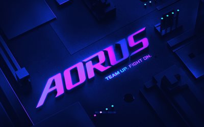 AORUS abstract logo, 4K, purple backgrounds, motherboard, Gigabyte, AORUS Cyberpunk, brands, creative, AORUS logo, AORUS GeForce, abstract art, AORUS