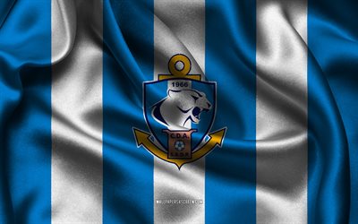 4k, cd antofagasta logo, blauweißer seidenstoff, chilenische fußballmannschaft, cd antofagasta emblem, chilenische primera division, campeonato nacional, cd antofagasta, chile, fußball, cd antofagasta flagge, fc antofagasta