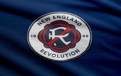 ニューイングランド革命ファブリックロゴ, 4k, 青い生地の背景, mls, ボケ, サッカー, ニューイングランド革命ロゴ, フットボール, ニューイングランド革命の紋章, アメリカンサッカークラブ, ニューイングランド革命fc