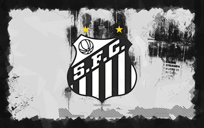 Santos FC grunge logo, 4k, Brazilian Serie A, white grunge background, soccer, Santos FC emblem, football, Santos FC logo, Santos FC, brazilian football club, SFC