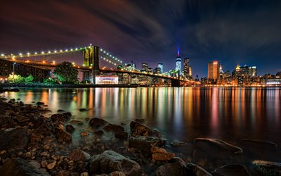 ब्रुकलिन ब्रिज, रात, न्यूयॉर्क, गगनचुंबी इमारतों, मैनहट्टन, 1 विश्व व्यापार केंद्र, न्यूयॉर्क सिटीस्केप, यूएसए