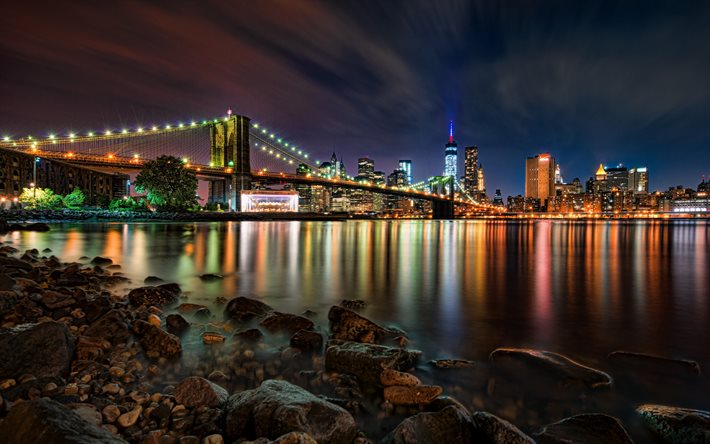 brooklynin silta, yö, new york, pilvenpiirtäjät, manhattan, 1 world trade center, new yorkin kaupunkikuva, yhdysvallat