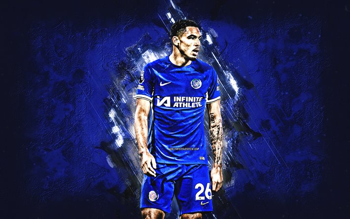 Levi Colwill, Chelsea FC, English football player, blue stone background, Premier League, England, football