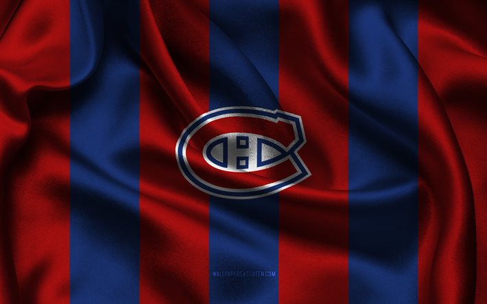 4k, logotipo de montreal canadiens, tela de seda burdeos azules, equipo de hockey canadiense, emblema de montreal canadiens, canadá, nhl, montreal canadiens, eeuu, hockey, bandera de montreal canadiens