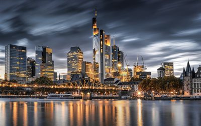 Frankfurt am Main, Commerzbank Tower, evening, sunset, skyscrapers, Frankfurt am Main cityscape, Germany