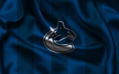 4k, logotipo de vancouver canucks, tela de seda azul, equipo de hockey canadiense, emblema de vancouver canucks, nhl, vancouver canucks, canadá, eeuu, hockey, bandera de vancouver canucks