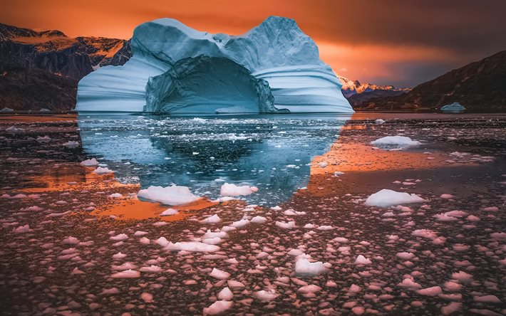 iceberg, noite, pôr do sol, costa, gelo, grande iceberg, islândia