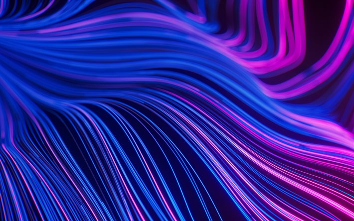 紫色のネオンの波, 4k, クリエイティブ, 抽象的な波, ネオンライト, 抽象的な背景, 波状の背景, アートワーク, 波の背景