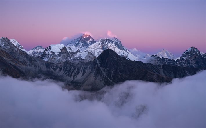 chomolungma, everest, pico mais alto do mundo, a montanha mais alta, chha mo lung ma, monte everest, himalaia, noite, pôr do sol, paisagem montanhosa