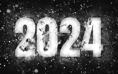 4k, हैप्पी न्यू ईयर 2024, सफेद नीयन रोशनी, 2024 अवधारणाएं, 2024 हैप्पी न्यू ईयर, नीयन कला, रचनात्मक, 2024 काली पृष्ठभूमि, 2024 वर्ष, 2024 सफेद अंक