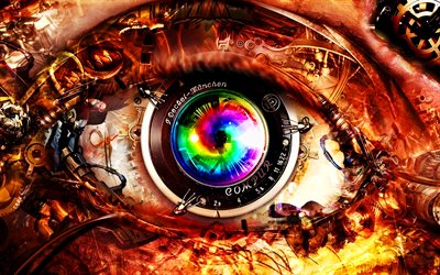 4k, dijital göz, yaratıcı, lens, herşeyi gören göz, fotoğraf kavramları, teknoloji konsepti, dijital teknoloji, siber göz