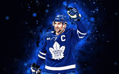 John Tavares, 4k, blue neon lights, Toronto Maple Leafs, NHL, canadian hockey players, John Tavares 4K, hockey, National Hockey League, John Tavares Toronto Maple Leafs