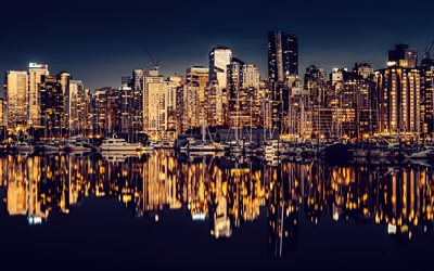 vancouver, 4k, gece manzaraları, liman, kanada şehirleri, yansımalar, modern builins, kanada, geceleri vancouver, vancouver cityscape