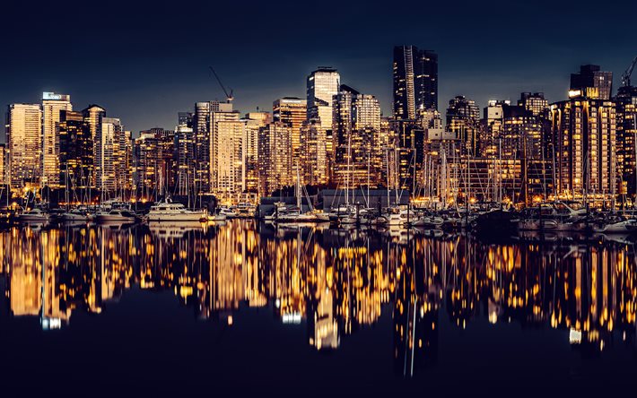 vancouver, 4k, nightscapes, porto, cidades canadenses, reflexões, buildins modernos, canadá, vancouver à noite, vancouver cityscape