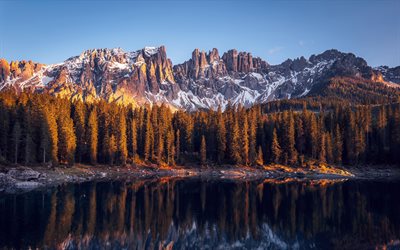 lake carezza, lago di carezza, karerse, tyrol du sud, alpes, lac de montagne, paysage des montagnes, italie