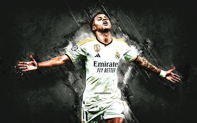 Rodrygo, Real Madrid, Brazilian football player, white stone background, La Liga, Spain, football, Rodrygo Silva de Goes