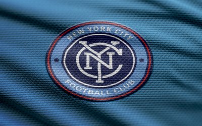 new york city fc fabric logo, 4k, blauer stoffhintergrund, mls, bokeh, fußball, new york city fc logo, new york city fc emblem, new york city fc, american soccer club, nyc fc