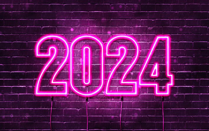 4k, 明けましておめでとう2024, 紫色のレンガ科, 2024概念, 2024パープルネオンディジット, 2024年明けましておめでとうございます, ネオンアート, クリエイティブ, 2024紫色の背景, 2024年, 2024紫色の数字