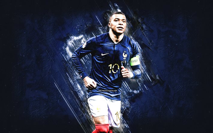 Kylian Mbappe, France national football team, French football player, blue stone background, France, football