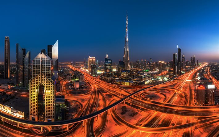 दुबई, संयुक्त अरब अमीरात, रात, सड़कों, ट्रैफिक लाइट