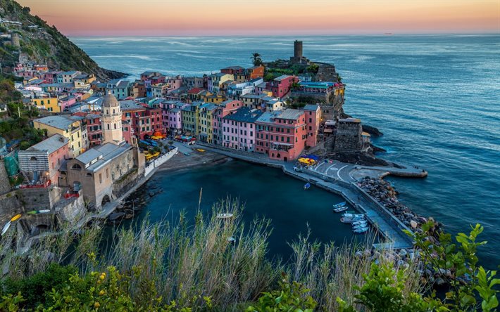 Vernazza, मसाला, Cinque Terre, समुद्र, सूर्यास्त, इटली