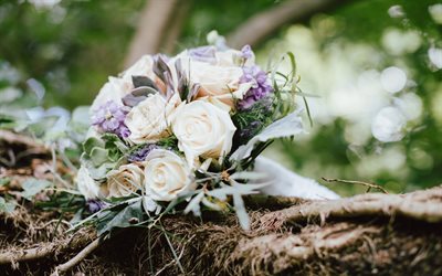 白色的玫瑰, 婚礼的花束, 玫瑰, 美丽的花朵, 新娘的花束, 婚礼的概念