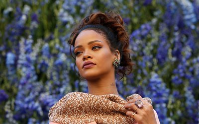 Rihanna, la cantante Americana, 4k, portrait, marrone sciarpa, donna bellissima, celebrità Americane