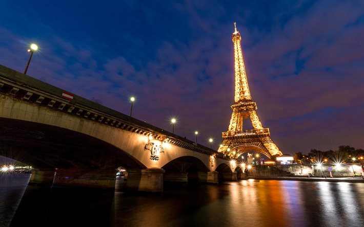 एफिल टॉवर, सीन नदी, पेरिस, शहर, रोशनी, शाम, रात में पेरिस, फ्रांस