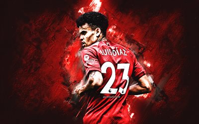 Luis Diaz, Liverpool FC, Colombian soccer player, red stone background, football, Premier League, Liverpool, England, Luis Fernando Díaz Marulanda