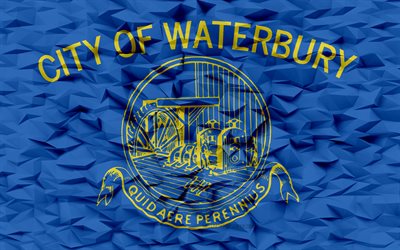 bandera de waterbury, connecticut, 4k, ciudades estadounidenses, fondo de polígono 3d, textura de polígono 3d, día de waterbury, bandera de waterbury 3d, símbolos nacionales estadounidenses, arte 3d, waterbury, ee uu
