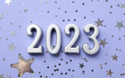 felice anno nuovo 2023, 4k, creativo, cifre 3d blu, concetti 2023, motivi a stelle, cifre 3d 2023, sfondo blu 2023, anno 2023