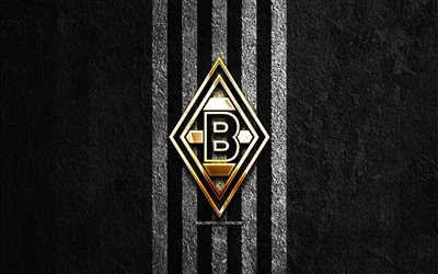 ボルシア・メンヒェングラートバッハの金色のロゴ, 4k, 黒い石の背景, ブンデスリーガ, ドイツのサッカークラブ, ボルシア・メンヒェングラートバッハのロゴ, サッカー, ボルシア・メンヒェングラートバッハのエンブレム, ボルシア・メンヒェングラートバッハ, フットボール, ボルシア・メンヒェングラートバッハfc