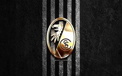 sc freiburg altın logo, 4k, siyah taş arka plan, bundesliga, alman futbol kulübü, sc freiburg logo, futbol, ​​sc freiburg amblemi, sc freiburg, freiburg fc