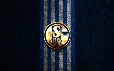 le fc schalke 04 logo doré, 4k, fond de pierre bleue, bundesliga, club de football allemand, le fc schalke 04 logo, le football, le fc schalke 04 emblème, le fc schalke 04, le schalke 04 fc