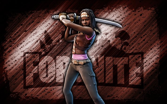 Michonne Fortnite, 4k, brown diagonal background, grunge art, Fortnite, artwork, Michonne Skin, Fortnite characters, Michonne, Fortnite Michonne Skin