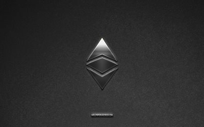 ethereum-logo, kryptowährung, grauer steinhintergrund, ethereum-emblem, kryptowährungslogos, ethereum, kryptowährungszeichen, ethereum-metalllogo, steinstruktur